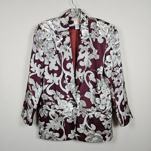 Vintage Washed Silk Blazer Women 2 Jacket Floral Elegant Formal Baroque Burgundy - Picture 2 of 14